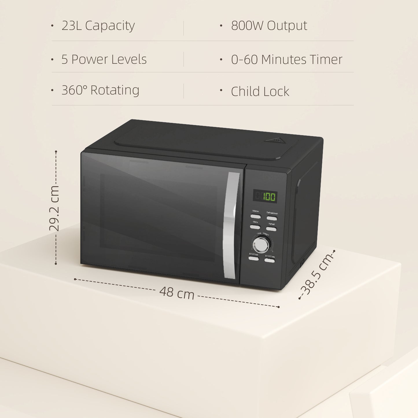 23L 800W Microwave Oven, Digital Solo with 5 Power Levels, Automatic Defrost, 8 Auto Cook Menus, 60 Minutes Timer, Clock, Easy Clean