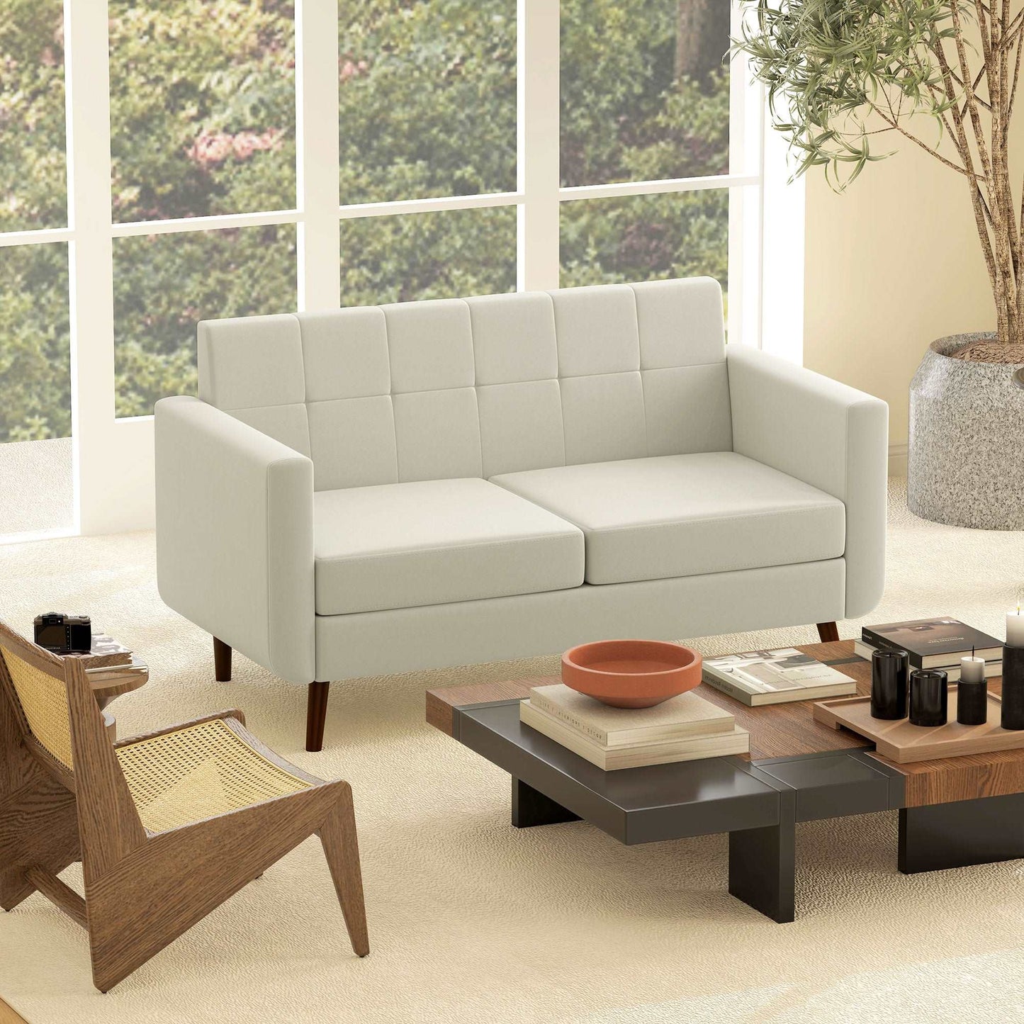 2 Seater Sofa, Modern Tufted Fabric Couch, Upholstered Loveseat, Wood Legs for Small Space, Living Room, Bedroom, Office, Cream White