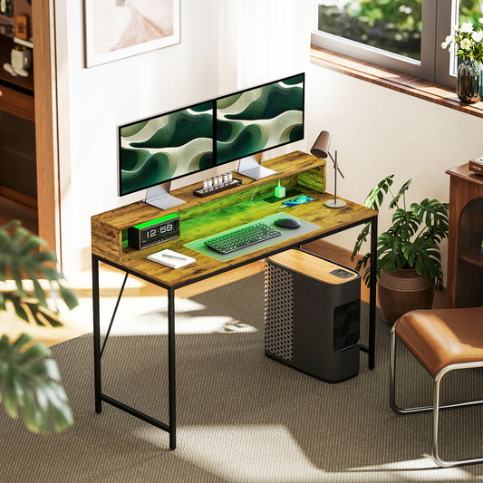 120cm Computer Desk with LED Lights and Power Outlets, Gaming Desk W/ Monitor Stand, Computer Table with Remote for Home Office Study