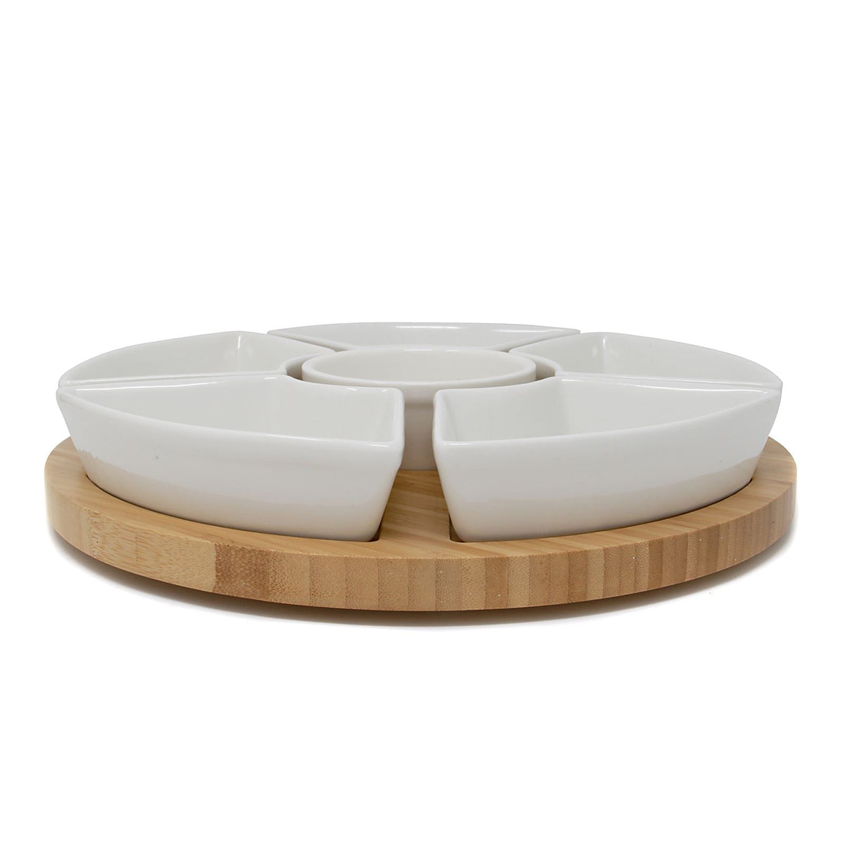 Maison & White Bamboo Lazy Susan Dip Set | 6 Removable White Ceramic Bowls | 360° Rotating Snack Server | 30.5cm