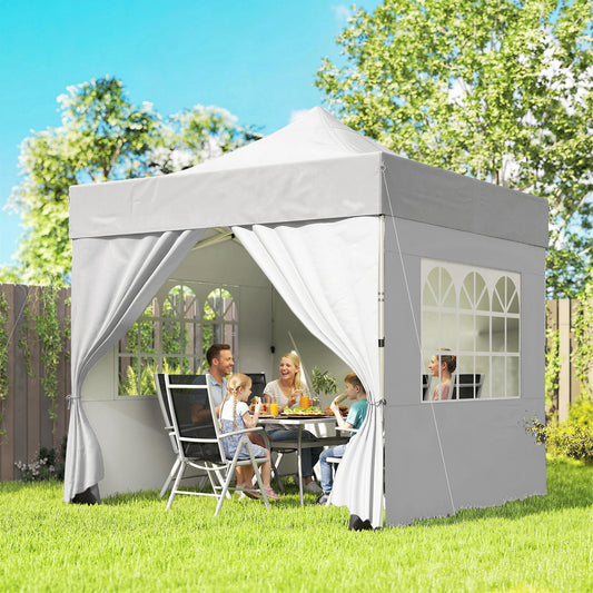 3x3m Heavy-Duty Peak-Top Pop-Up Gazebo | 420D UPF50+ Oxford Fabric | 4 Removable Sidewalls | Zipper Door & Windows | 3-Height Adjustment | 8 Drainage Holes | 4 Sandbags, 4 Guy Ropes & 8 Stakes | Wheeled Carry Bag | Silver Grey