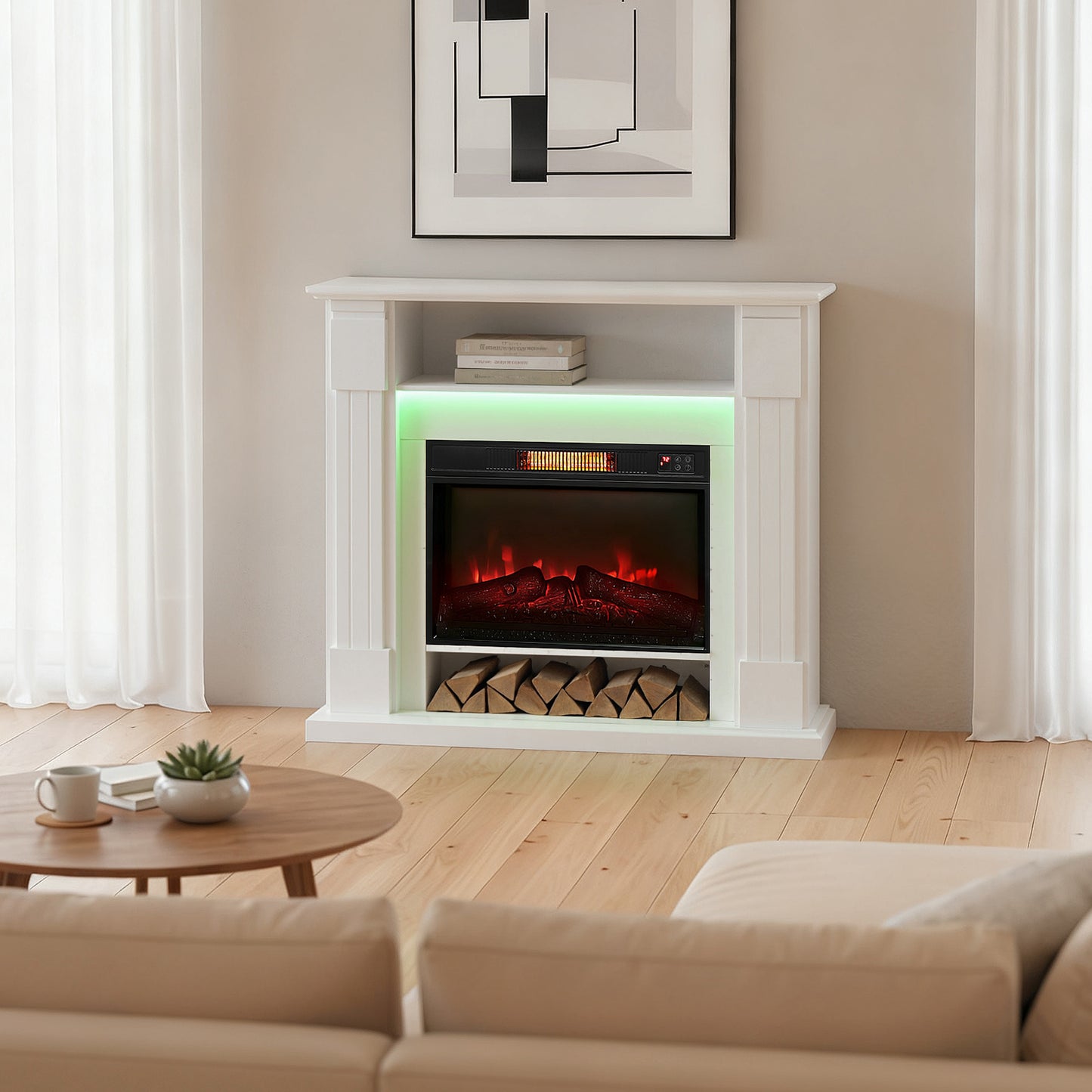 6142 BTU Electric Fireplace and LED Mantel, 17-27°C - White