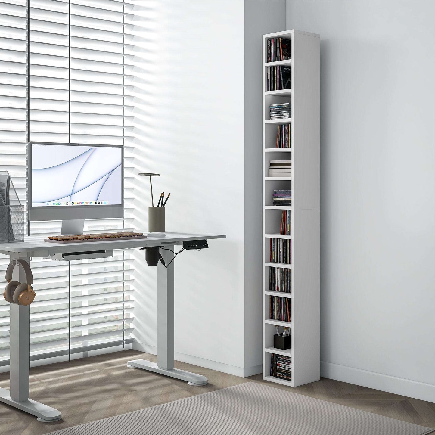 204 CD Storage Unit, DVD Storage Tower with 12 Cubes, 175cm Tall Bookcase for Living Room, Home Office, Study Room, White
