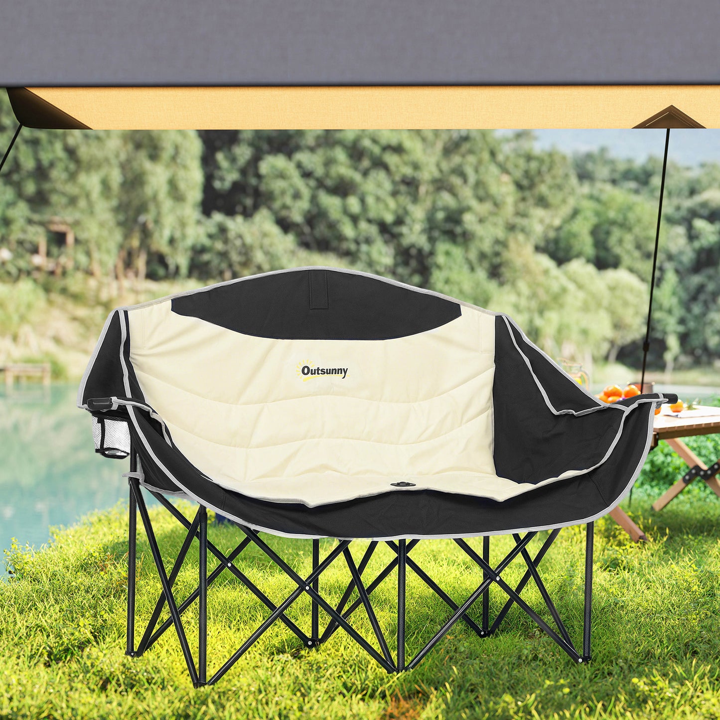 Double Camping Chair for Adults, Oversized Heavy Duty Padded Folding Chair with Armrests, Cup Holders and Carry Bag, 250kg Capacity