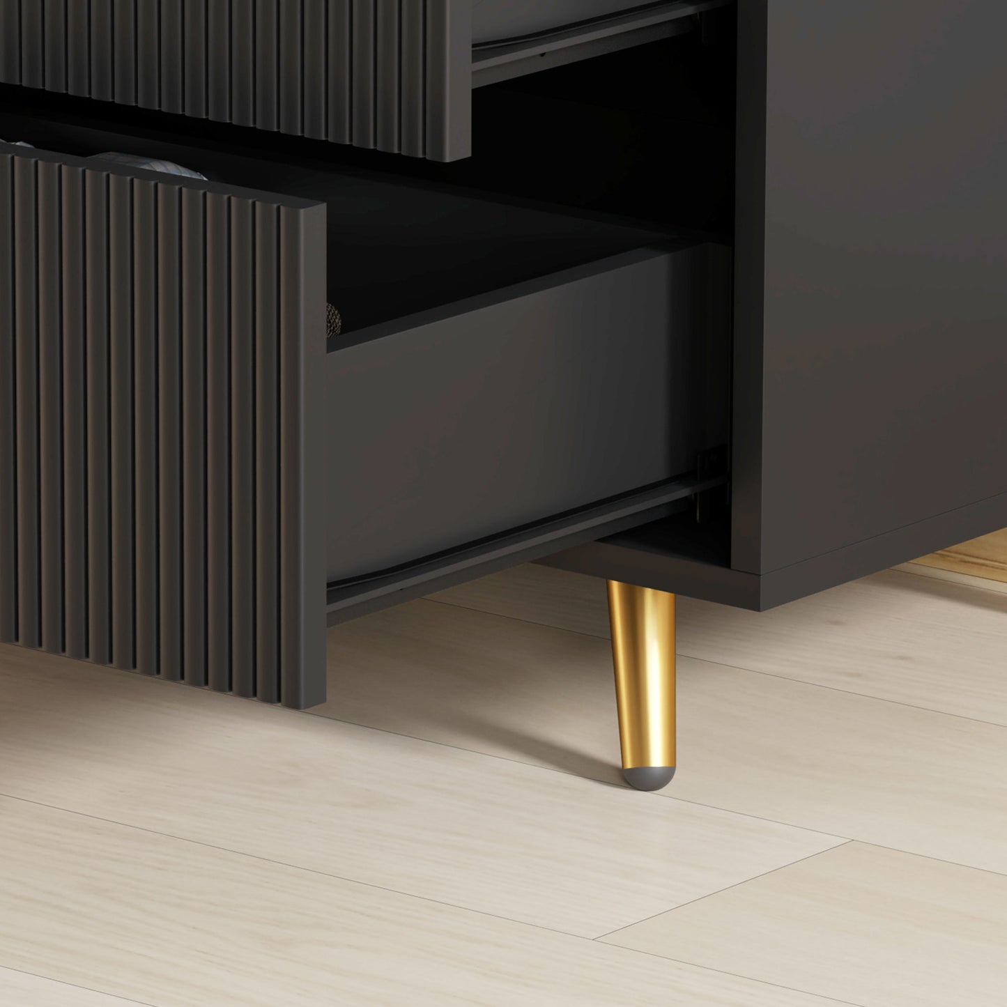 Bedroom Chest of Drawers with 4 Drawers, Fluted Dresser with Gold Tone Handles, Storage Cabinet for Bedroom, Living Room, Hallway, Entryway, Black