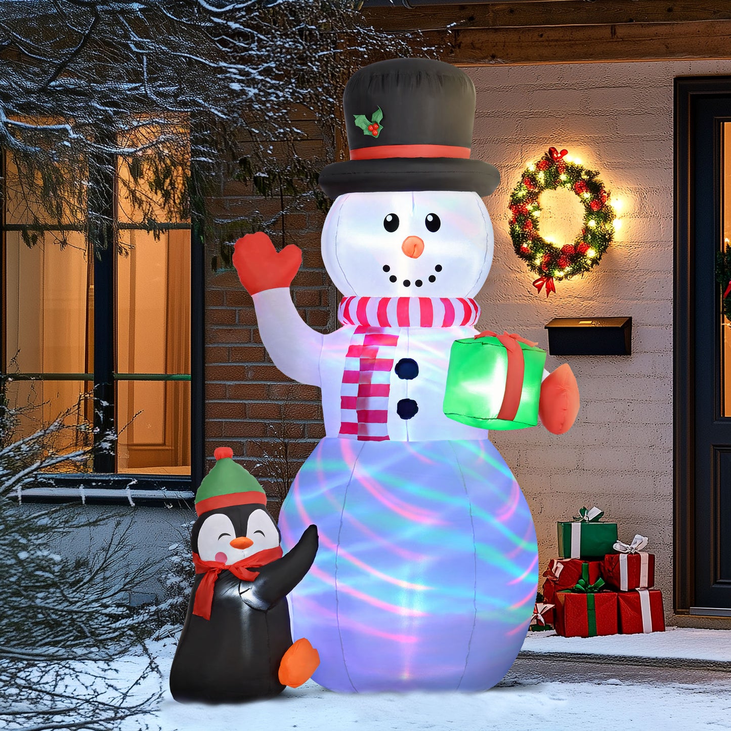 Outsunny 8FT Christmas Inflatable Snowman Holding Gift Box W/ Penguin, Blow Up W/ Rotating Colorful LED Light for Indoor, Outdoor