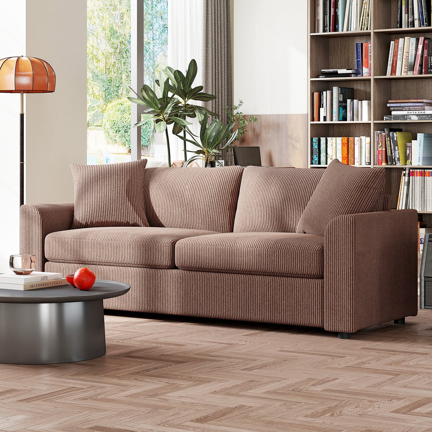 Modern 3 Seater Sofa with Spring Cushion, 212 cm Fabric Jumbo Cord Sofa Couch with 2 Scatter Cushions, Upholstered Corduroy Settee, Coffee