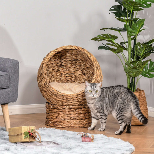 Woven Water Hyacinth Elevated Cat Bed | Wicker Dome Cave | Soft Removable Washable Cushion | Hand-Woven | Metal Wire Frame | Elevated Pod Design | 50x42x60cm | Brown