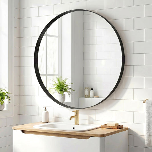Round Wall Mirror | Shatterproof Tempered Glass | Anodised Aluminium Alloy Frame | 4cm Deep 3D Effect | 61cm Diameter | No Assembly | Black