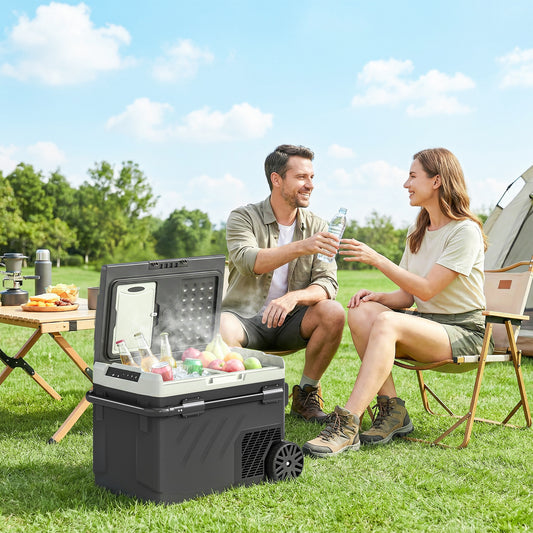 Outsunny 40L Compressor Car Fridge Freezer, Dual Zone Camping Refrigerator with App Control, Telescopic Handle, -20°C-20°C