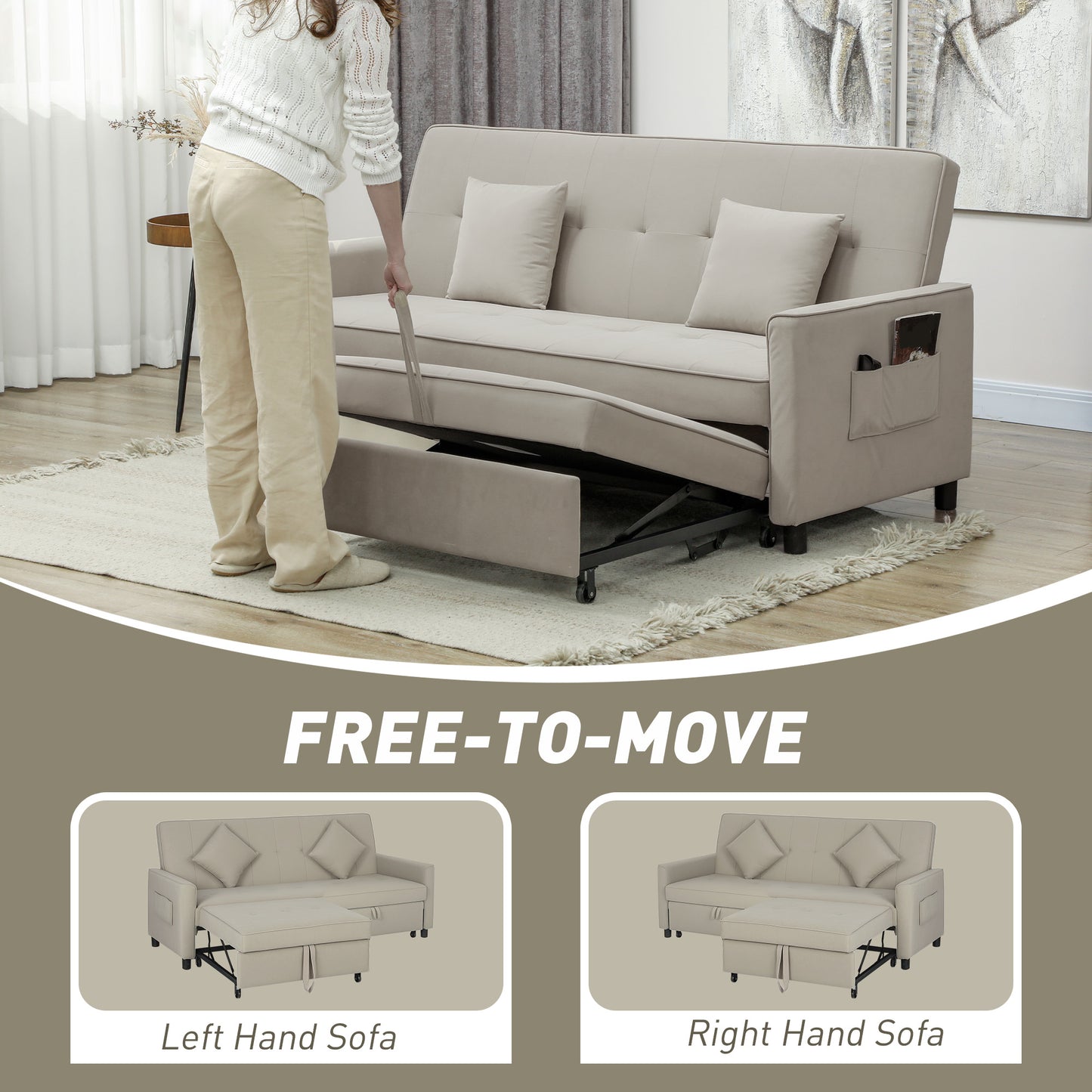 Three-Person Velvet-Feel Sofa Bed - Beige