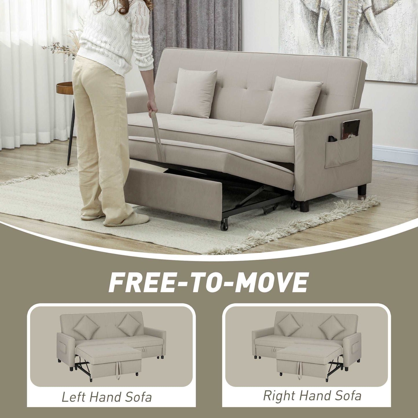 Three-Person Velvet-Feel Sofa Bed - Beige