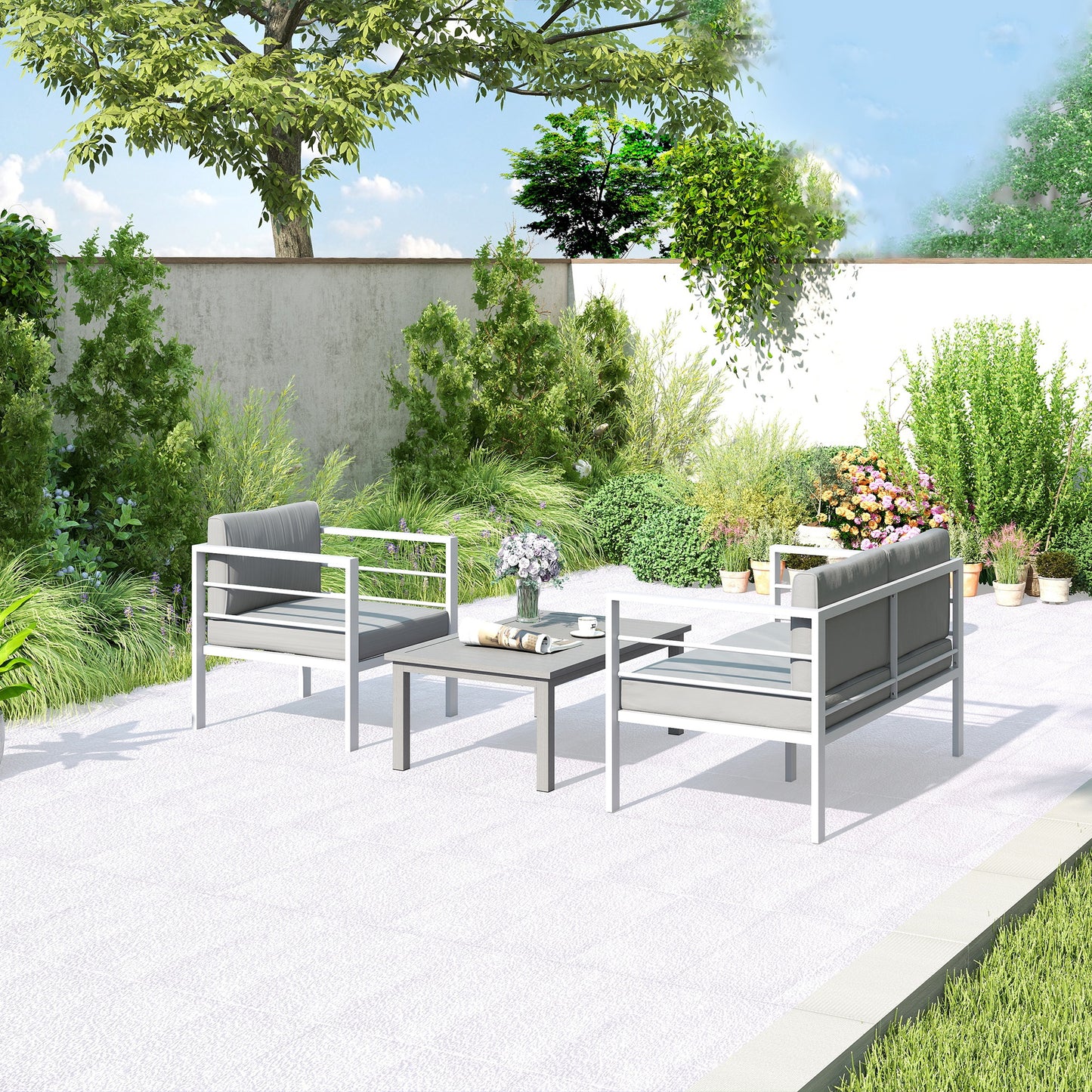 4-Piece Aluminium Garden Sofa Set | Thick Cushions | Loveseat, 2 Armchairs & Table | Charcoal Grey