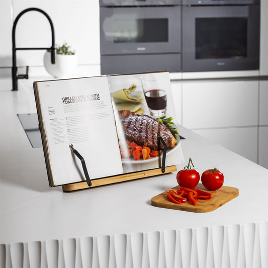 Bamboo Recipe Book Stand | Adjustable & Foldable | 2 Metal Page Holders | Tablet Rest | Water-Resistant | 33.5x24x4.4cm | 2-Year Warranty