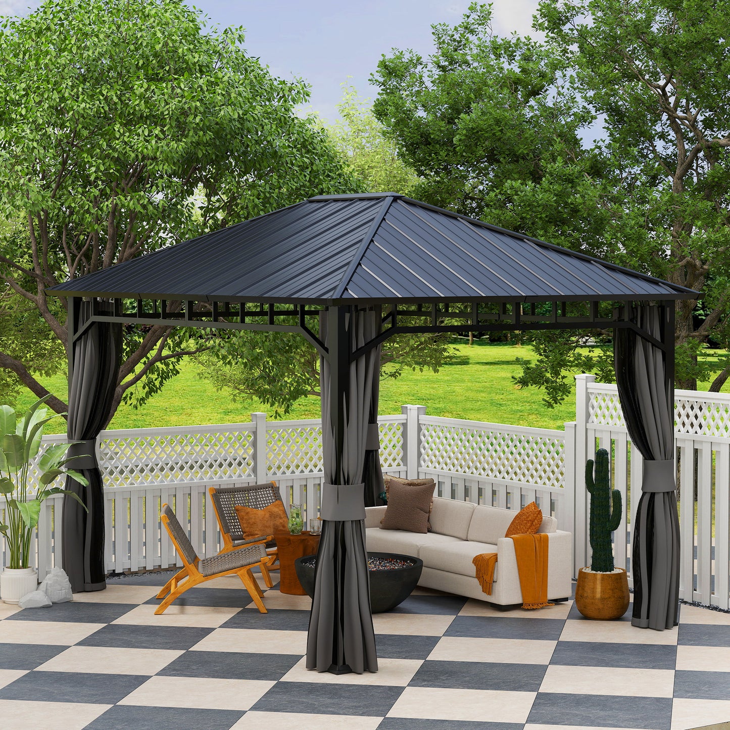 3 x 4m Hardtop Gazebo with Galvanised Steel Roof and Water Gutter, Waterproof Permanent Pavilion Garden Gazebo W/ Curtains for Patio, Deck