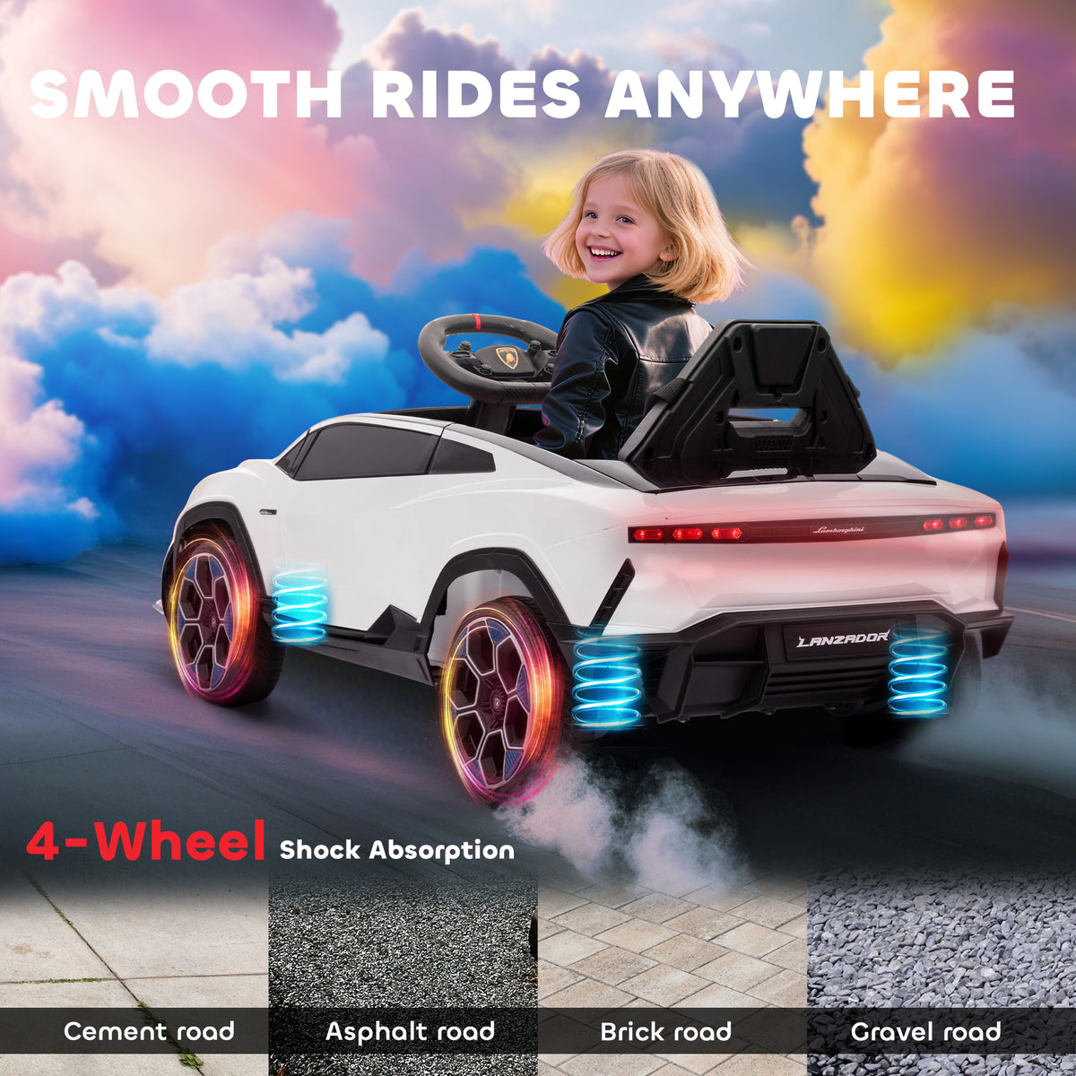 12V Licensed Lamborghini Kids Electric Ride-On Car | 2x12V Motors | 2.4-4 km/h | 4-Wheel Suspension | 25m Remote | Soft-Start | Seatbelt | MP3/USB/AUX | LED Lights | 1hr Ride | Max 25kg | Age 3-8 | White or Pink