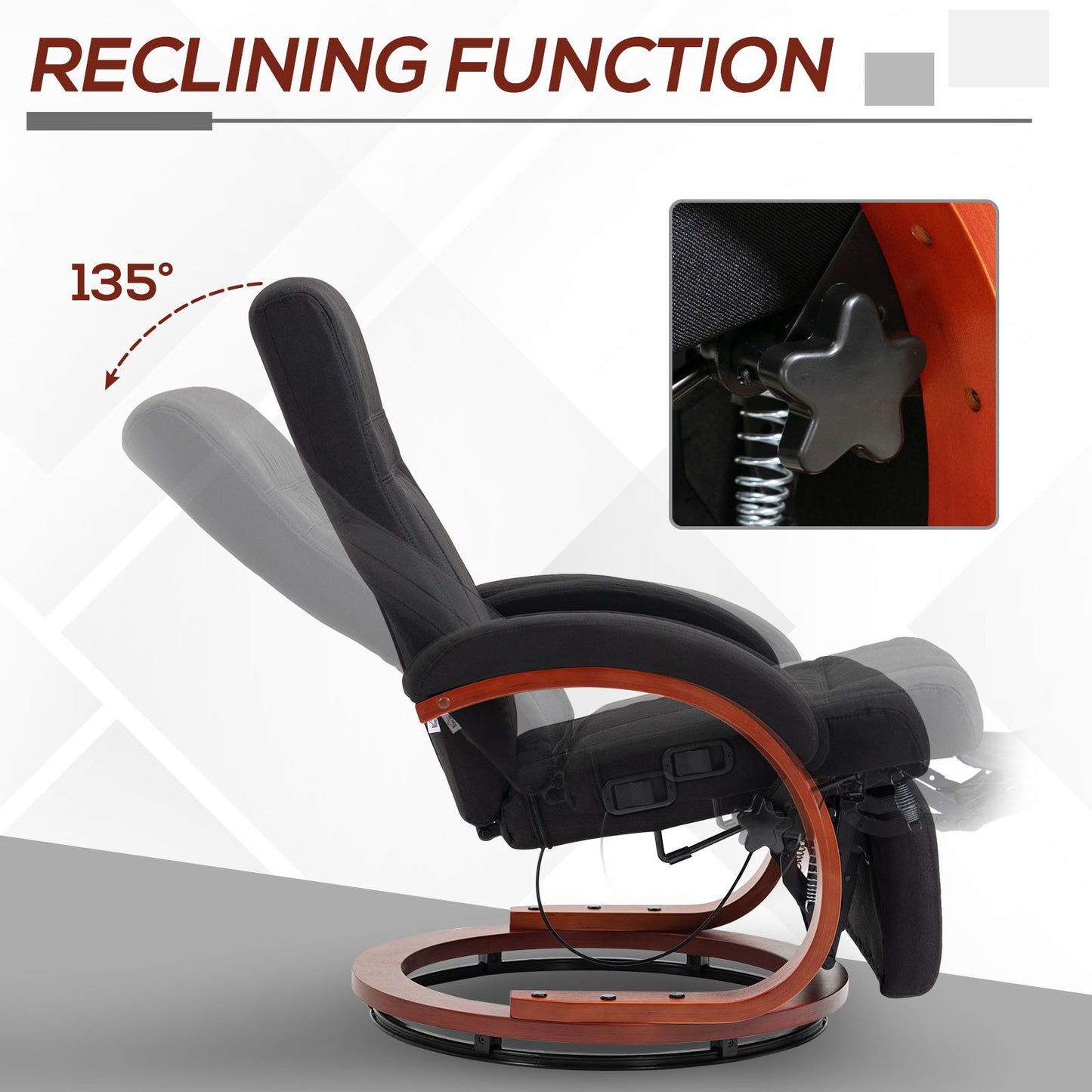 135° Manual Reclining Swivel Chair, with Footrest - Black
