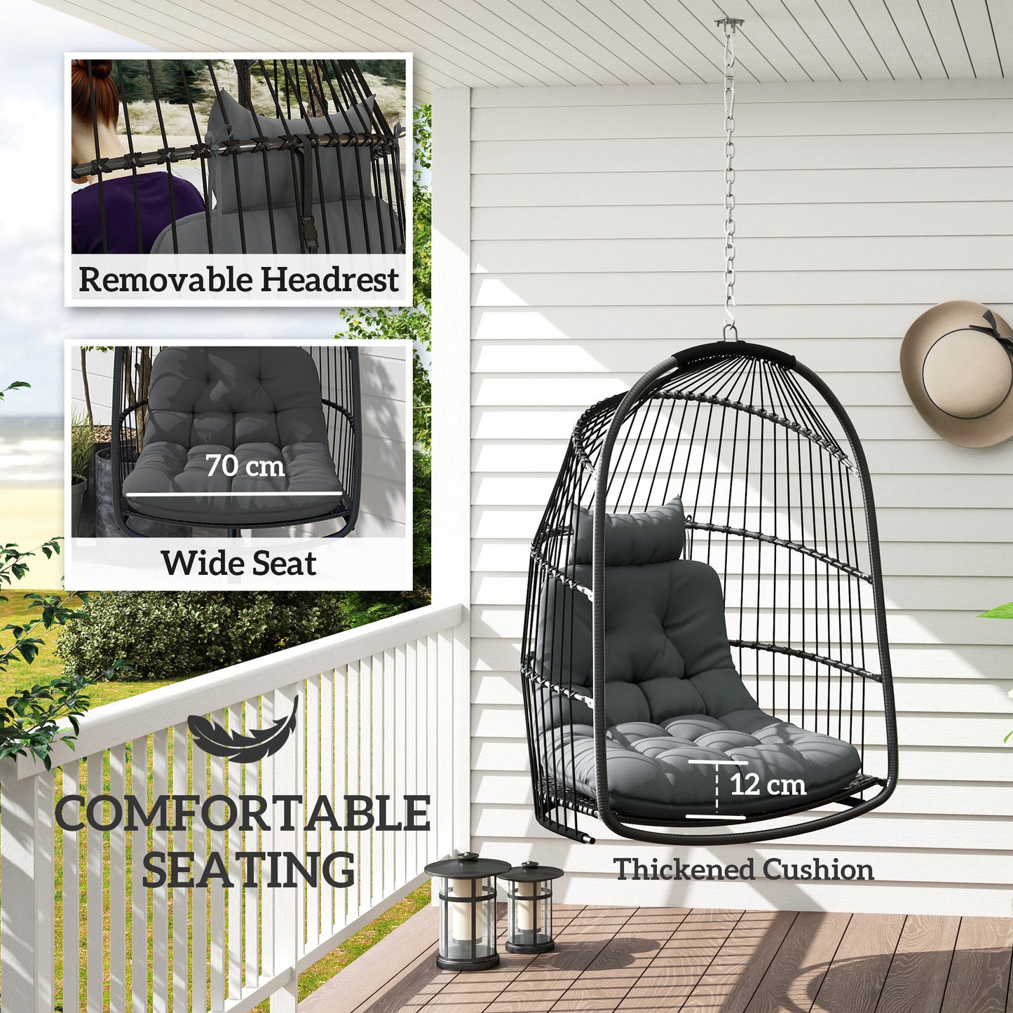 Hanging Egg Chair Outdoor Indoor Rattan Swing Chair with Installation Kit, Foldable Garden Hanging Seat with Thickened Cushion, Headrest