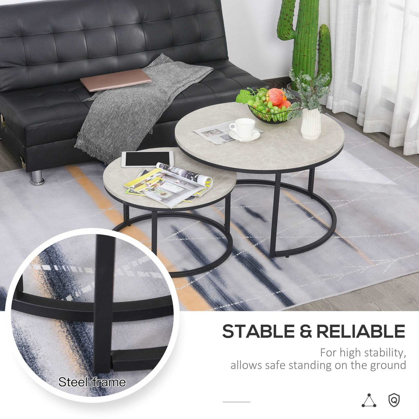 2 Piece Stacking Coffee Table Set w/ Steel Frame Marble-Effect Top Foot Pads Nest of Tables Storage Display Black/Grey