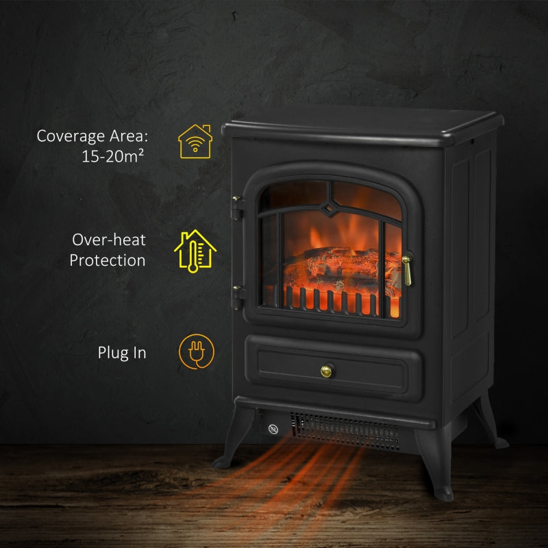 HOMCOM Freestanding Electric Fireplace Indoor Heater Glass View Log Wood Burning Effect Flame Portable Fireplace Stove 950/1850W