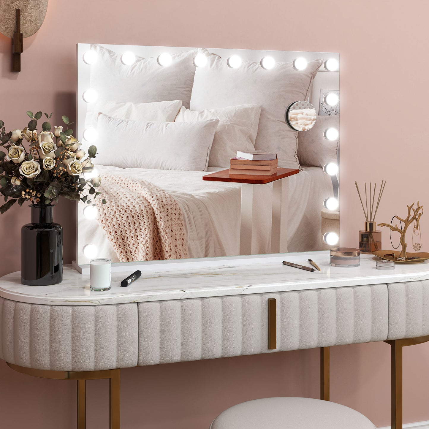 Hollywood Vanity Mirror with Lights, Large 80x62 cm Lighted Makeup Mirror with 3 Colour, 18 LED Bulbs, 10X Magnifying, USB Charging Port, Touch Screen White