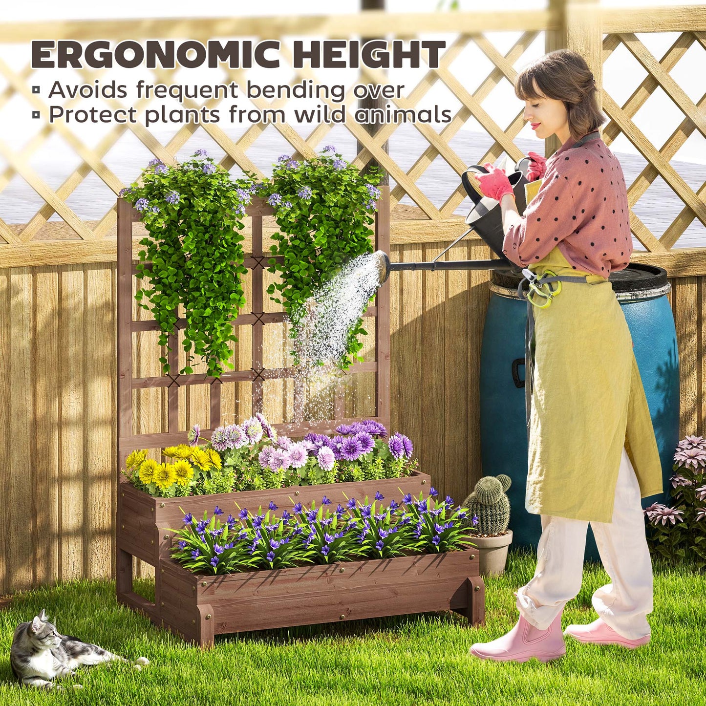 2-Tier Raised Bed with Trellis, Wooden Elevated Planter Box, Outdoor Raised Planter for Climbing Plants, Fruits, Vegetables, Flowers, Brown