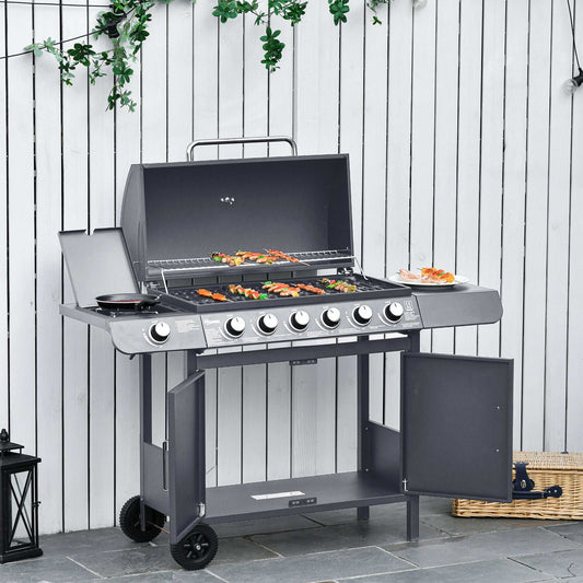 6+1 Burner Gas BBQ Grill, Outdoor Barbecue Trolley with Wheels, Warming Rack, Side Shelves, Cabinet, Thermometer for Garden, Party, Camping
