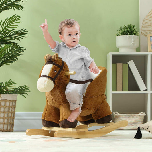 AIYAPLAY Kids Rocking Horse, Plush Ride on Horse, with Sound, Wood Base for Aged 18-36 Months - Brown