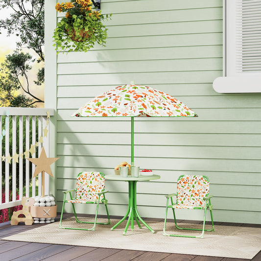 AIYAPLAY 4 Pieces Kids Garden Table and Chair Set with Adjustable Parasol, Folding Chairs, Table, Fox Pattern, Green / Pink
