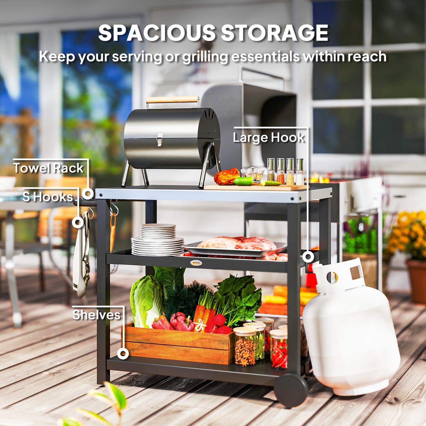 Outdoor Grill Dining Cart 3-Shelf Movable Pizza Oven Table Stand with Stainless Steel Top, Portable BBQ Trolley Food Prep Outdoor Kitchen BBQ Station