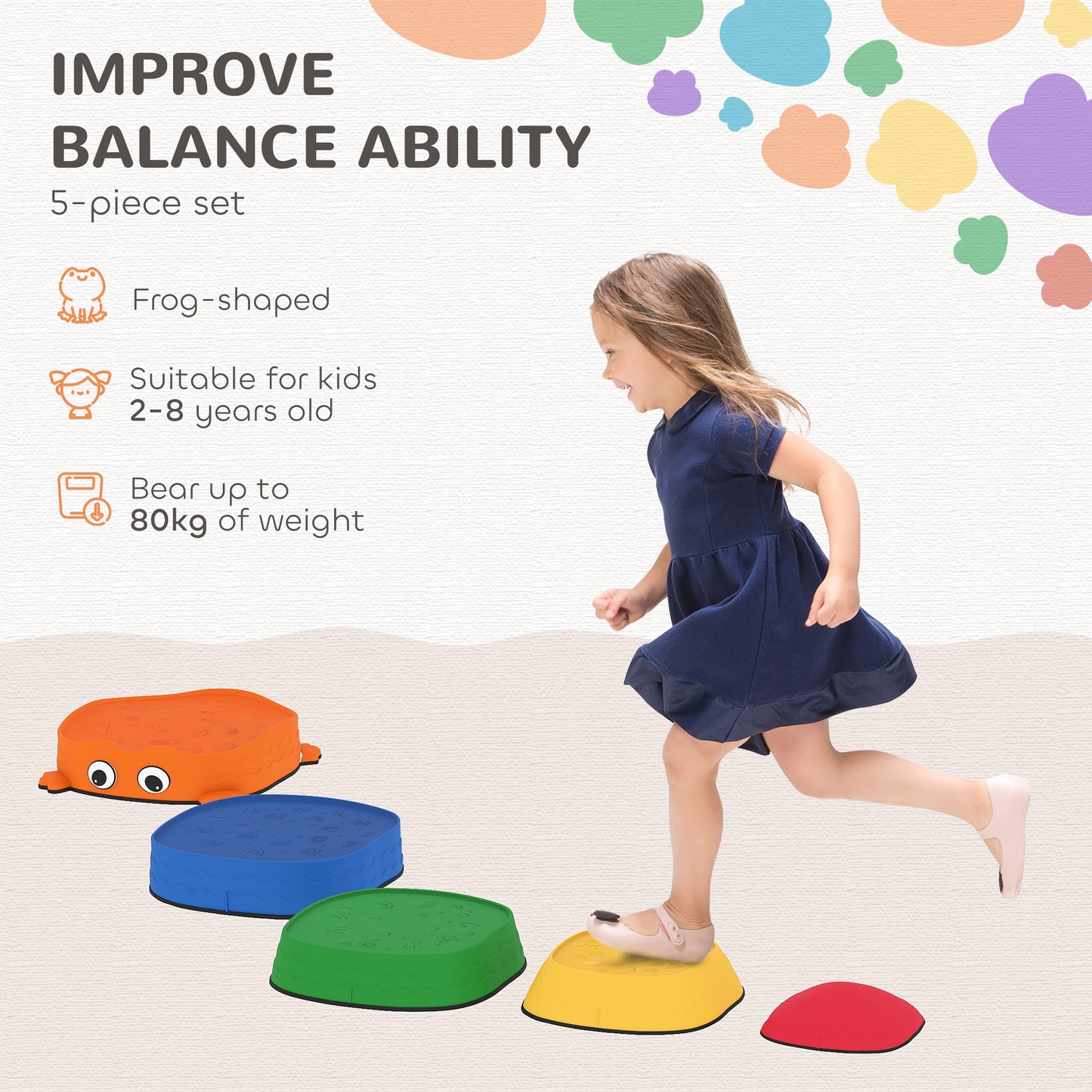AIYAPLAY 5 Piece Sensory Stepping Stones for Toddlers, Frog-Shaped Kids Stepping Stones Set with Anti-Slip Edging for Ages 2-8