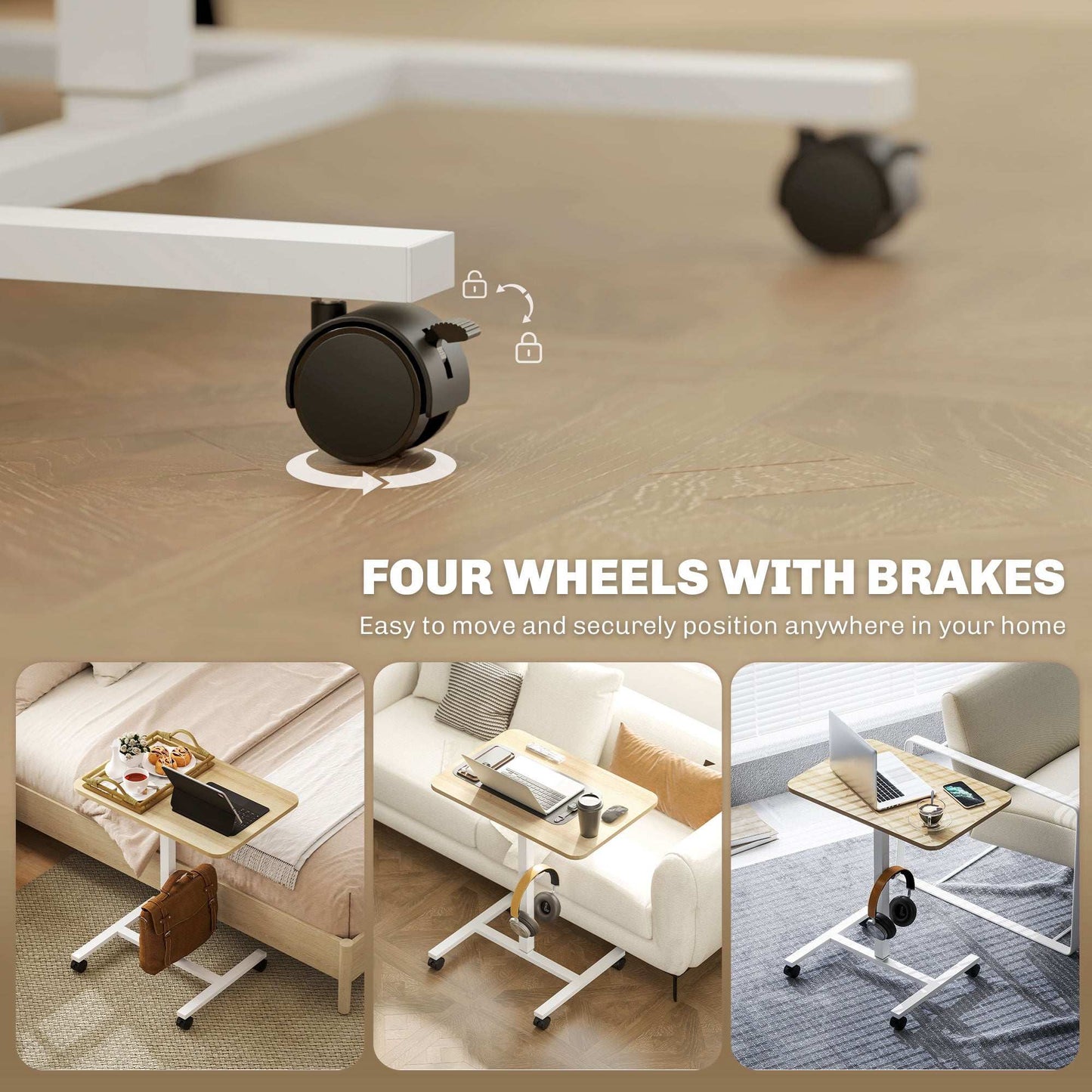 Height Adjustable Standing Desk, Pneumatic Sit Stand Desk for Laptop, Mobile Overbed Table W/ Wheels And Headphone Hook for Home Office
