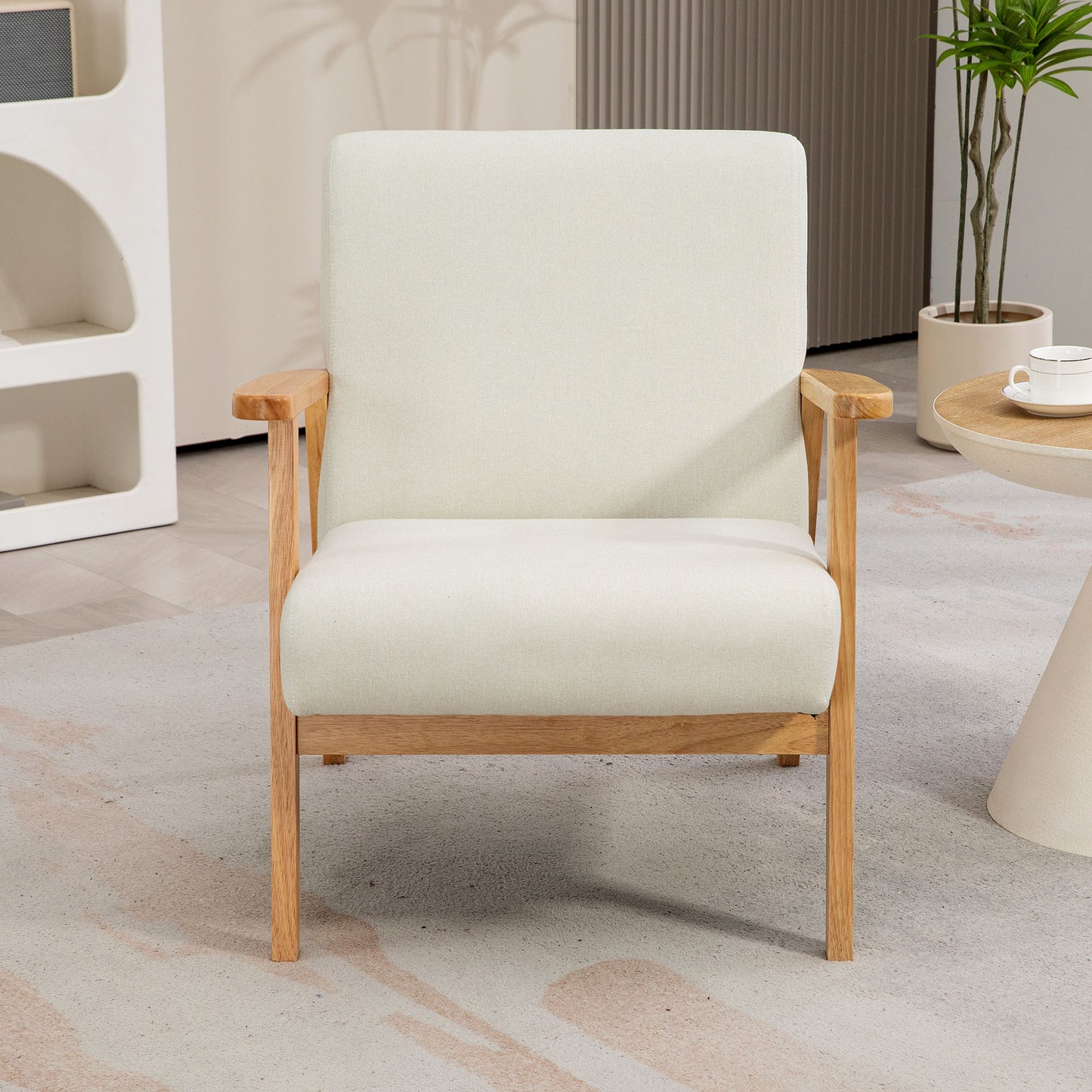 Fabric Accent Chair for Living Room, Arm Chair with Rubber Wood Frame and Padded Cushion, Cream White