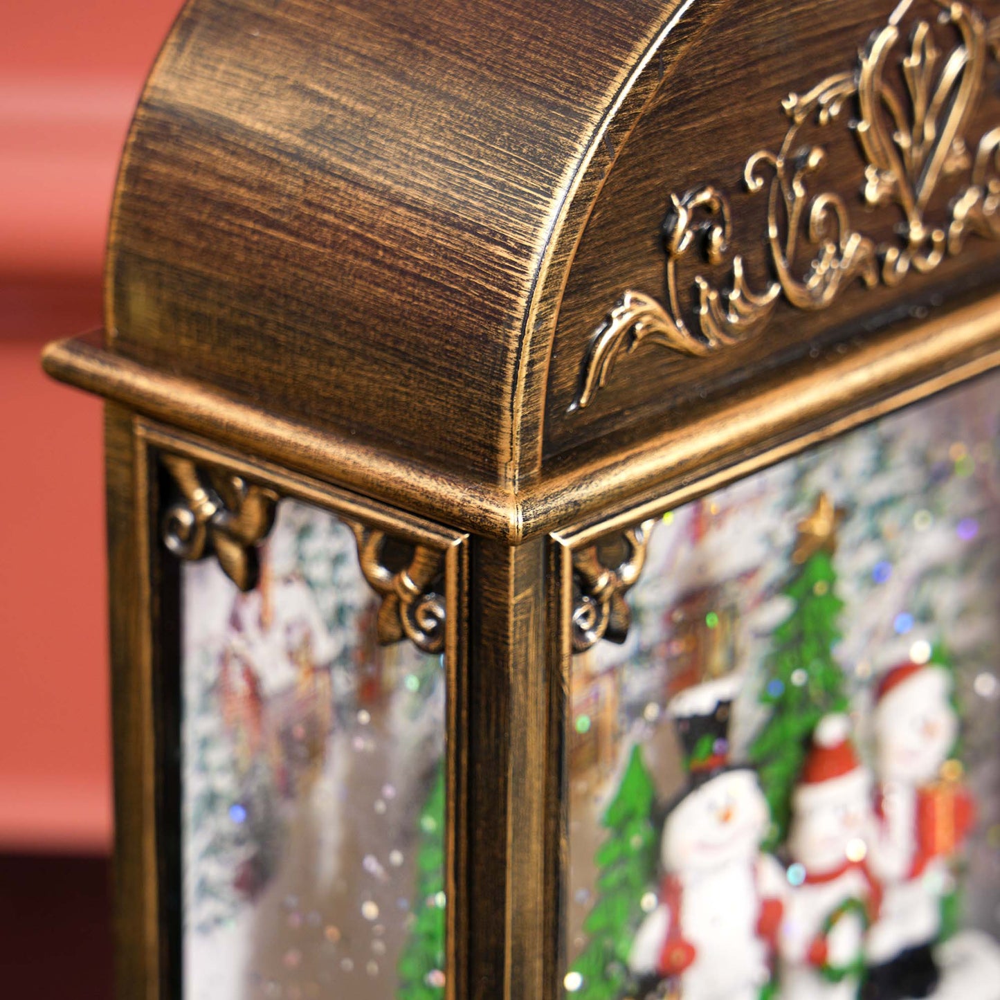 Christmas Snow Globe Lantern with Lights and Music, Swirling Glitter, Battery Operated Musical Decoration for Holiday Party Gift, Bronze Tone