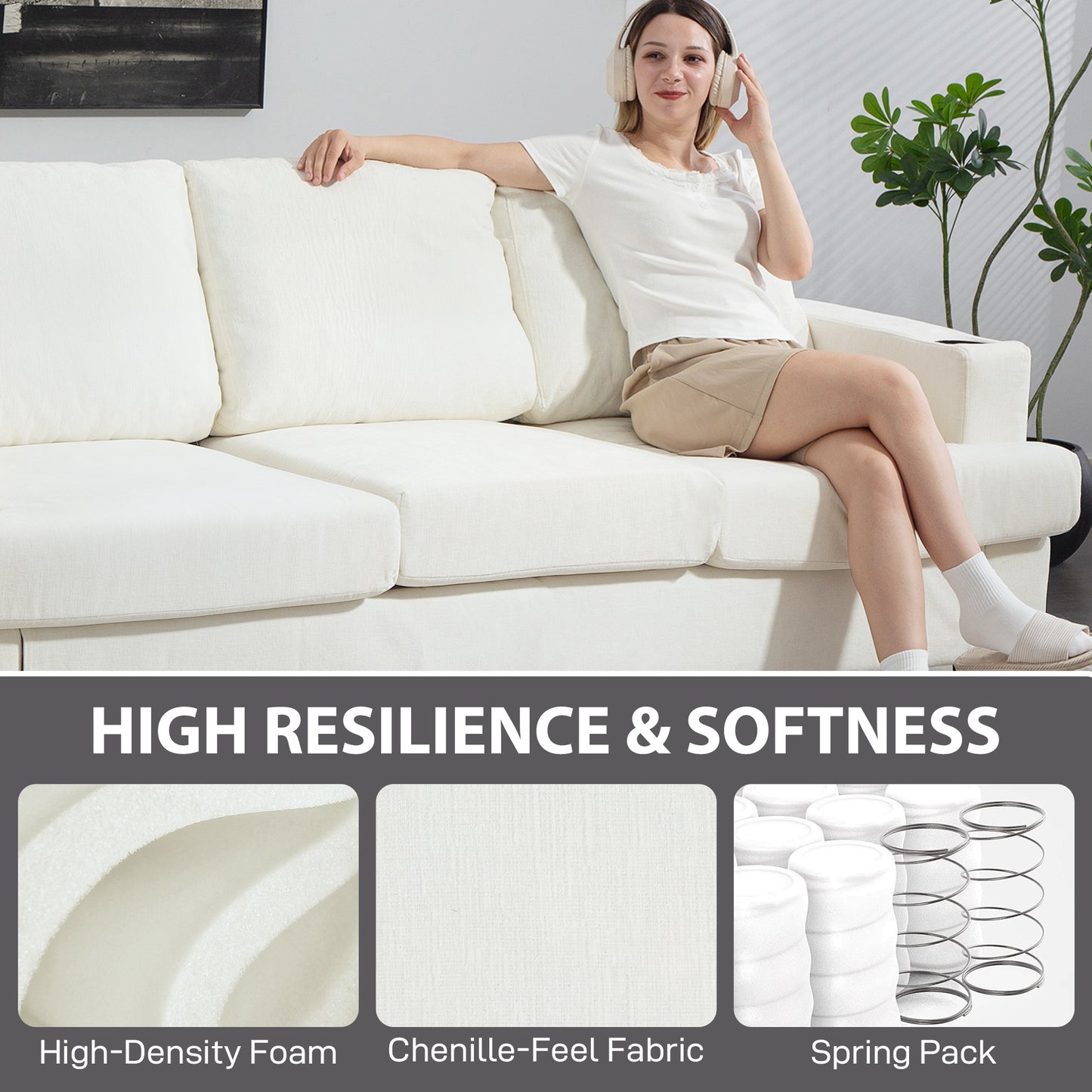 3 Seater Sofa with USB Ports & Cup Holders - Cream White / Grey