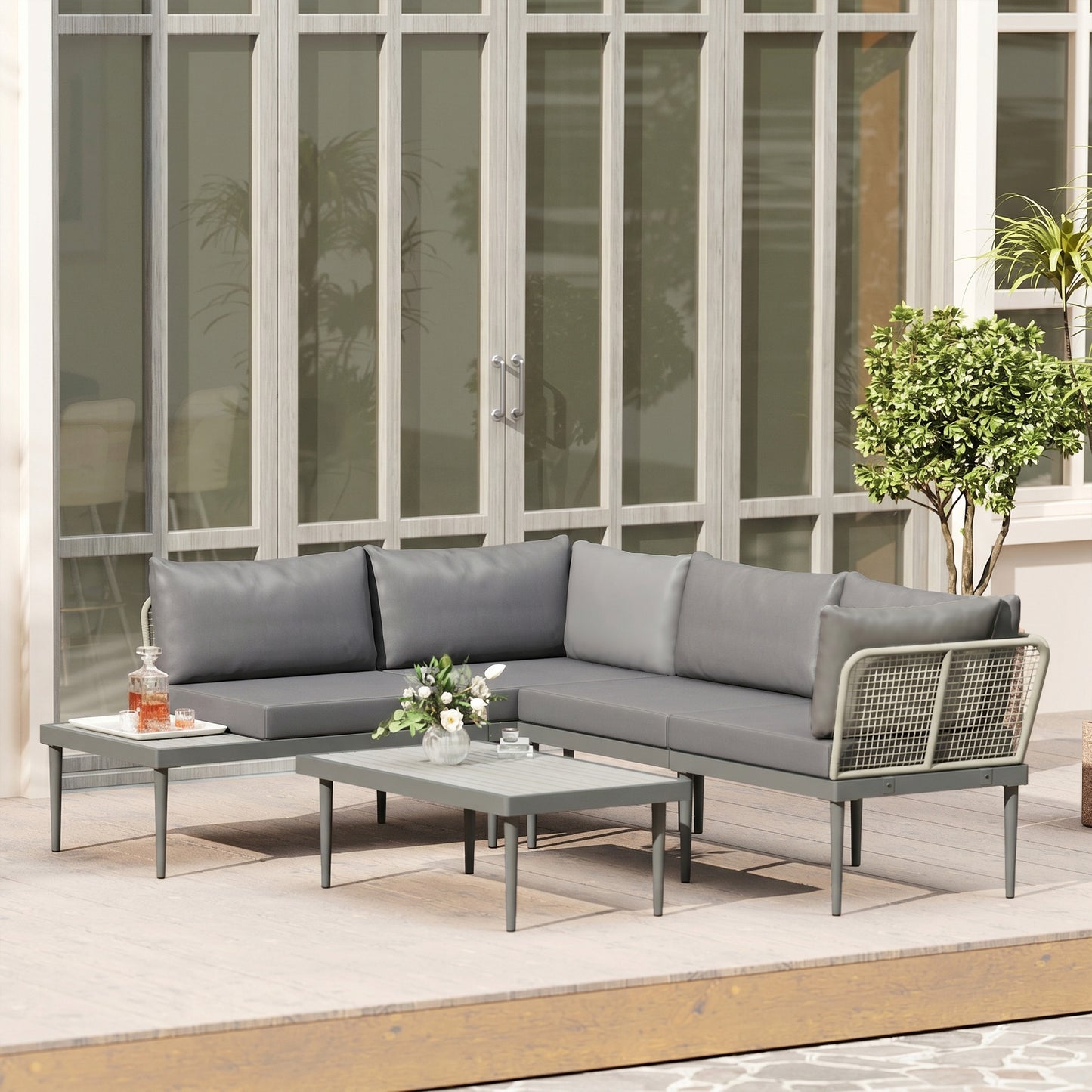 3-Piece Rattan Garden Sofa Set | 2 Loveseats | Acacia Wood End Table & Coffee Table | 10cm Seat & 20cm Back Cushions | Washable Covers | 320kg Capacity | PE Rattan & Steel | Grey