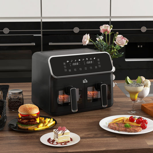 Dual Air Fryer Double Oven, 8L Family Size W/ 8-In-1 Presets, Smart Finish, Digital Display, Visual Window, Recipe, Timer, Healthy Cooking - Silver