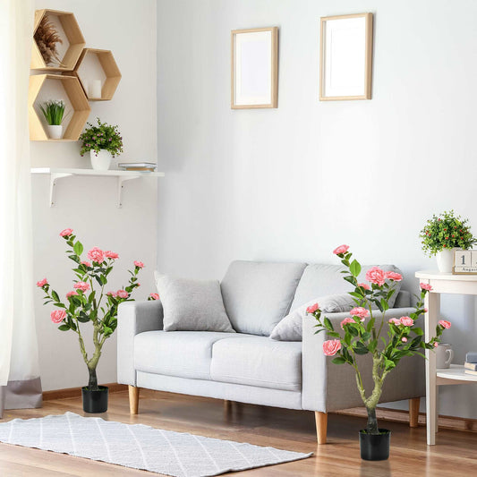 2 Pieces Decorative Artificial Plants Camellia Flower with Pot, Fake Plant for Home Indoor Outdoor Decor, 95cm, Pink