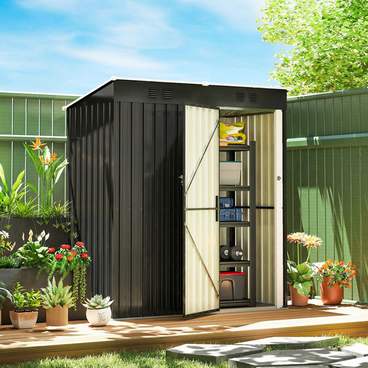 Compact Lean-To Galvanised Steel Garden Storage Shed | Lockable Door | Vent System | Sloped Roof | 20kg/㎡ Snow Load | 163x90x179cm | Patio & Flagstone | Dark Grey & White