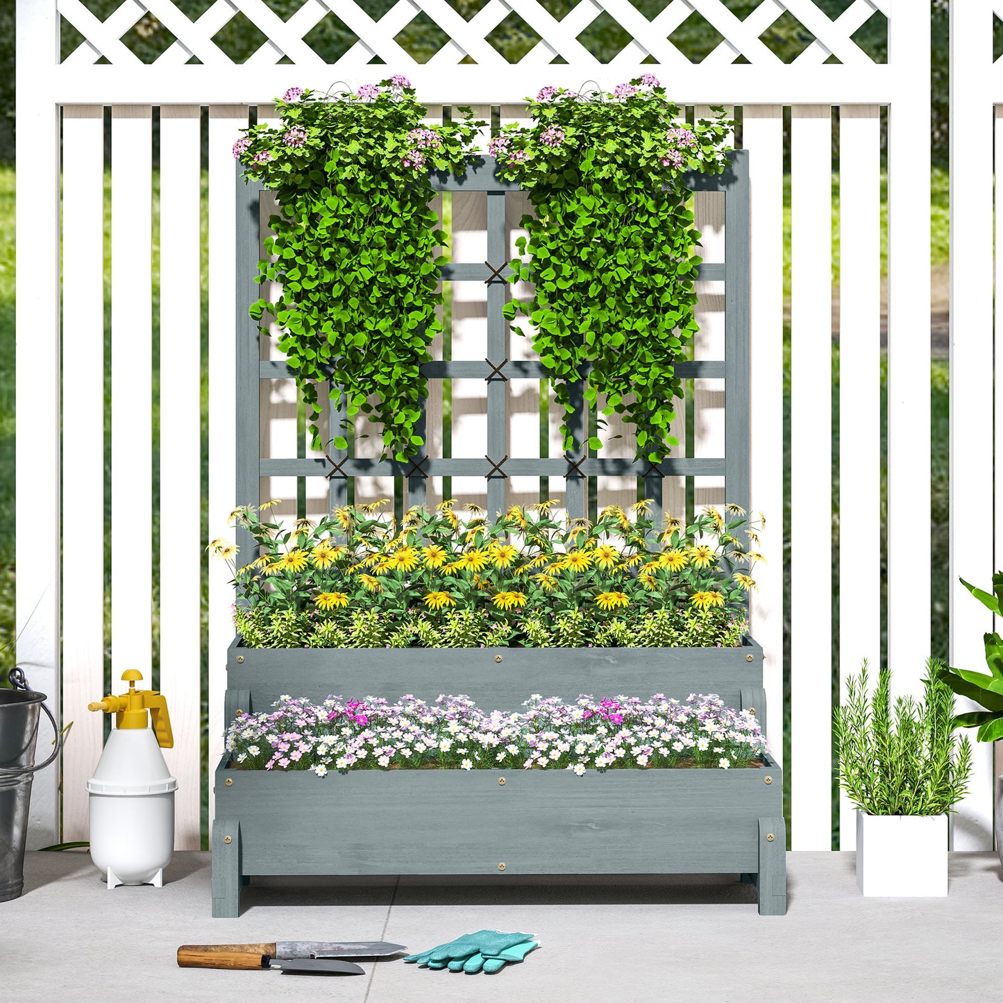 2-Tier Raised Garden Bed with Trellis, Wooden Elevated Planter Box Outdoor Raised Planter for Climbing Plants, Fruits, Vegetables, Flowers, Grey