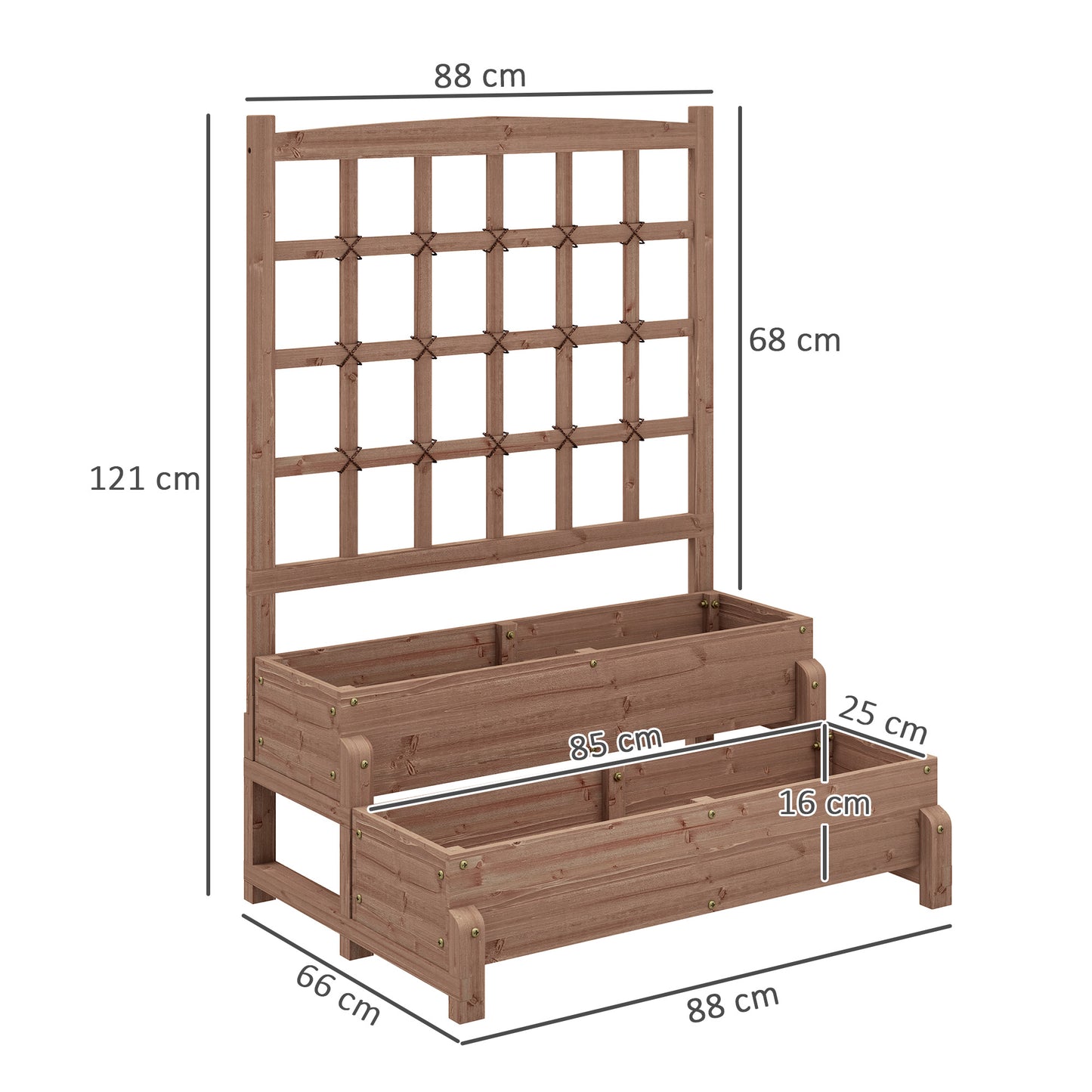 2-Tier Raised Bed with Trellis, Wooden Elevated Planter Box, Outdoor Raised Planter for Climbing Plants, Fruits, Vegetables, Flowers, Brown