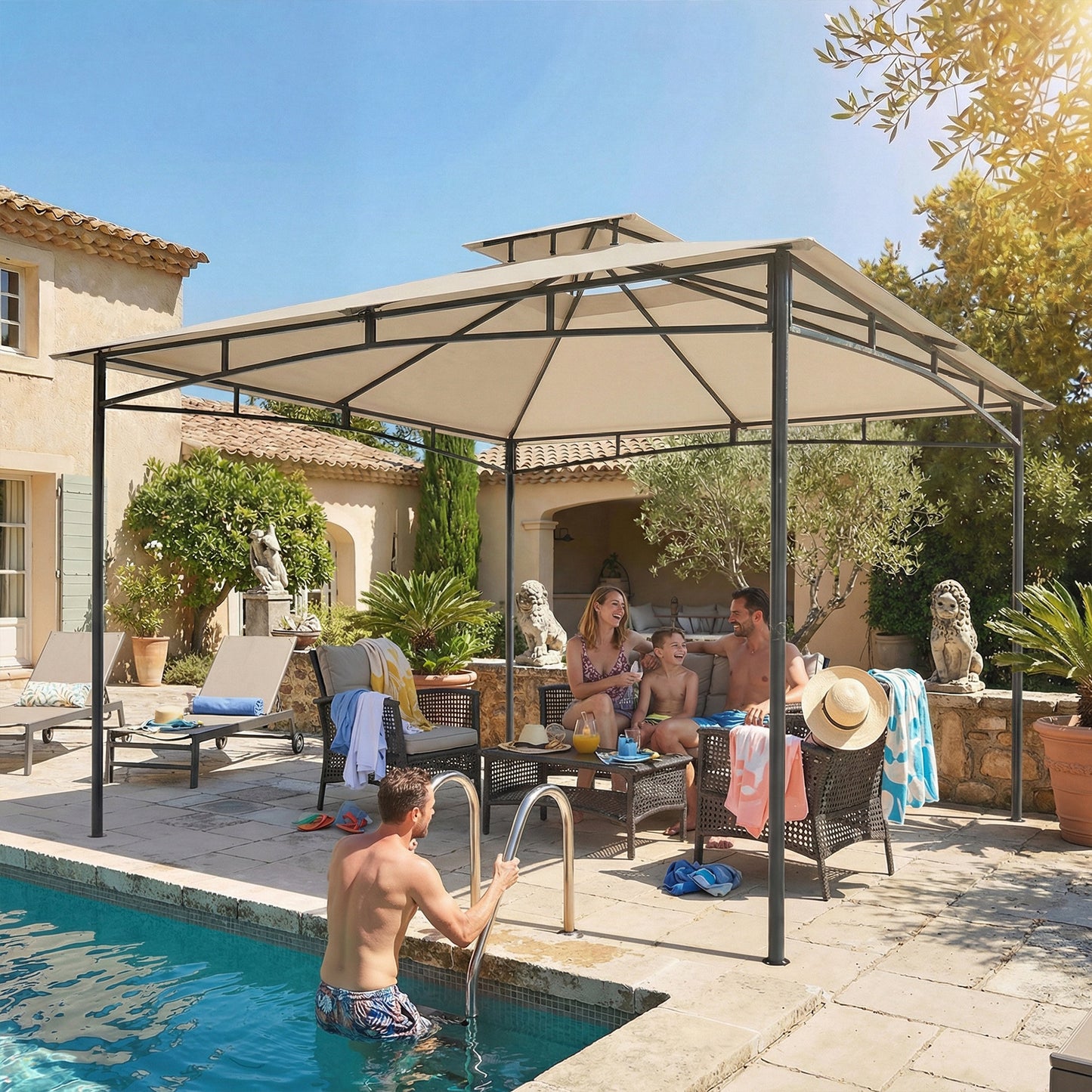 3x3m Garden Gazebo | 2-Tier Roof | UPF50+ | 180g/m² PA Polyester | Fits 6-8 | Khaki