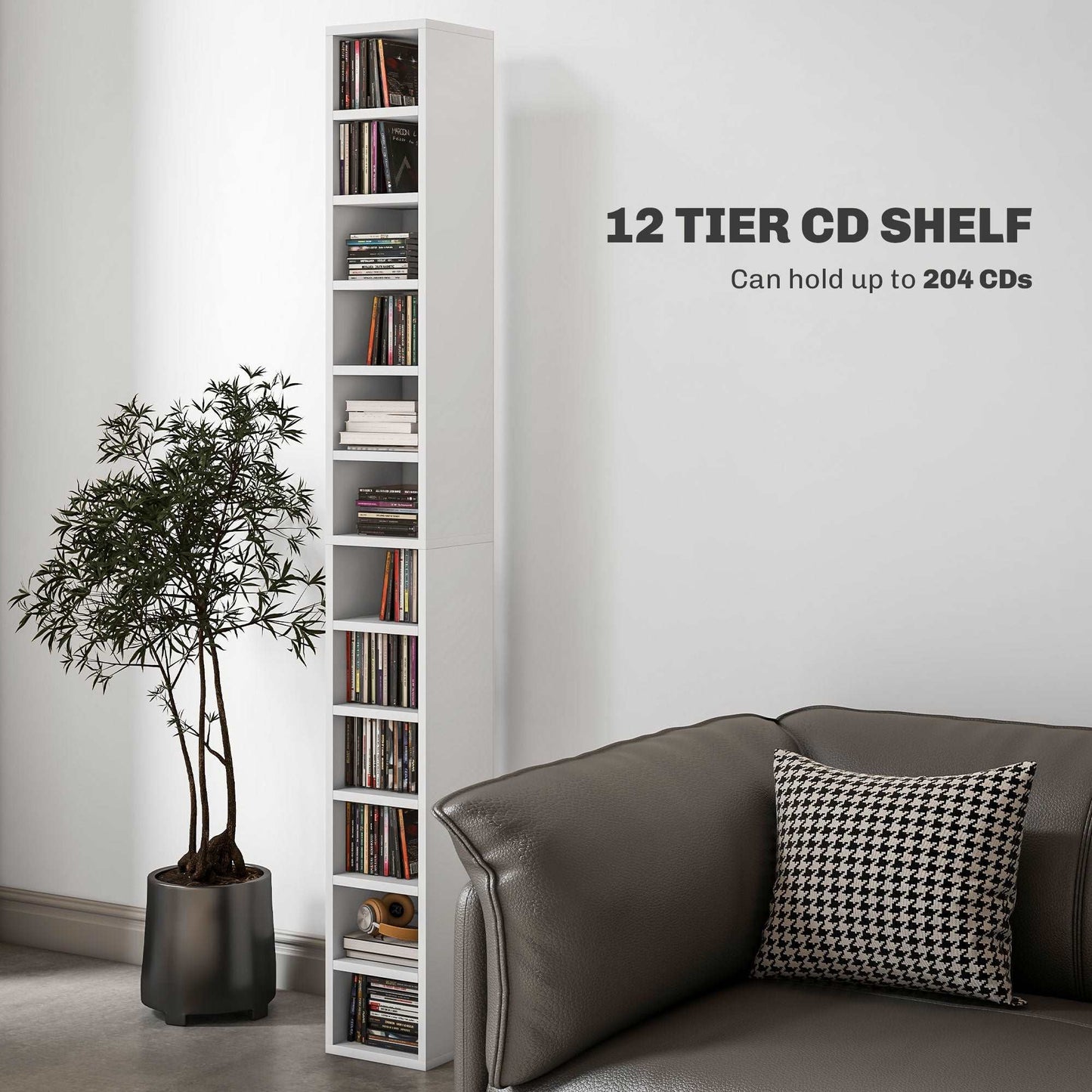 204 CD Storage Unit, DVD Storage Tower with 12 Cubes, 175cm Tall Bookcase for Living Room, Home Office, Study Room, White