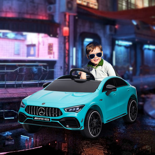 Mercedes-AMG CLA 45 Licensed 12V Kids Electric Car Ride on Car w/ Remote, Suspension Lights Music Horn - Light Blue / White / Yellow