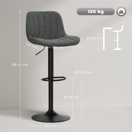 Bar Stools Set of 2, Height Adjustable Swivel Barstools with Backrest and Footrest, Modern Linen Upholstered Armless Bar Chairs, Charcoal Grey