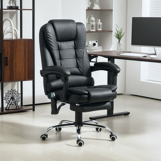 Heated Massage Executive Office Chair | 6 Point Vibration | High Back PU Leather | 135° Recline & Footrest | 360° Swivel | 45-52cm Height | 113kg | Black