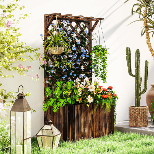 Wooden Planter with Trellis, Freestanding Raised Garden Bed with Drainage Holes, Outdoor Planter Box with Liner for Vegetables, Herbs and Flowers,