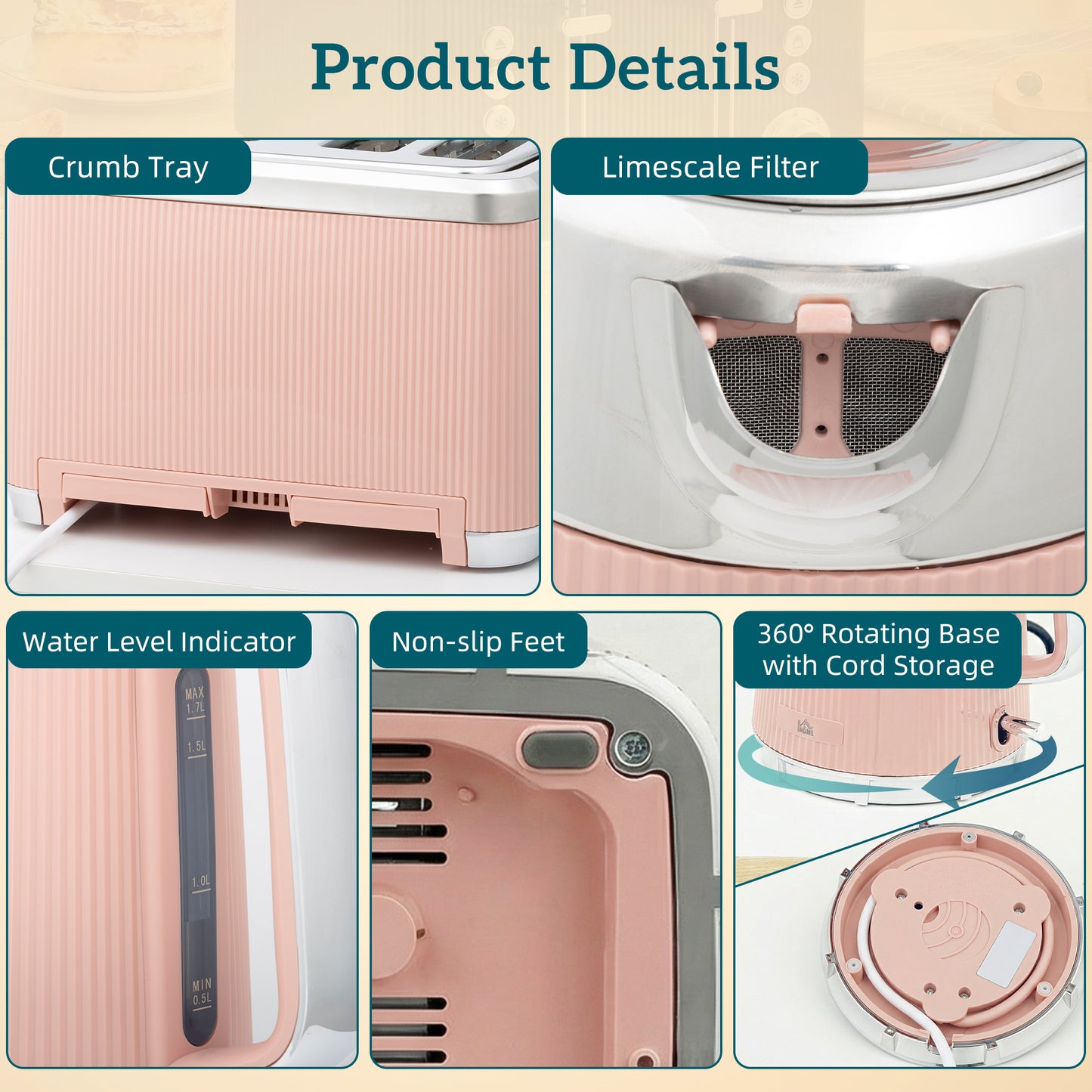 Electric Stainless Steel Kettle and Toaster Set, 3000W 1.7L UK Strix Thermostat Fast Boil Kettle Pink
