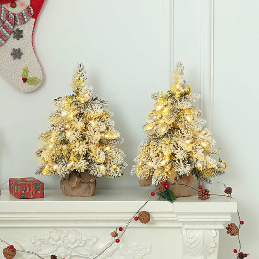 1.5ft Mini Artificial Christmas Trees with Lights Set of 2, Snow Flocked Tabletop with Base, Battery Operated, Desktop Party Decoration