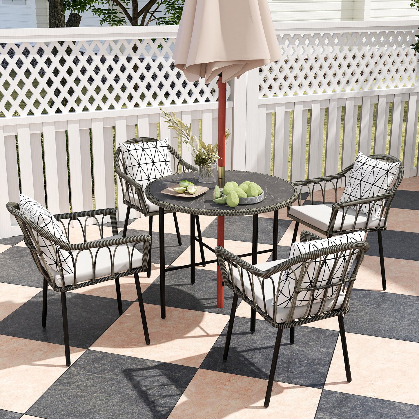 5 Piece Patio Rattan Dining Set, Wicker Garden Table and Chairs w/ Removable Seat & Back Cushions, Round Tempered Glass Tabletop, Parasol Hole, Grey